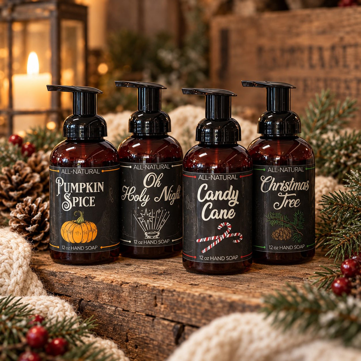 Four holiday foaming hand soaps from The Humble Life